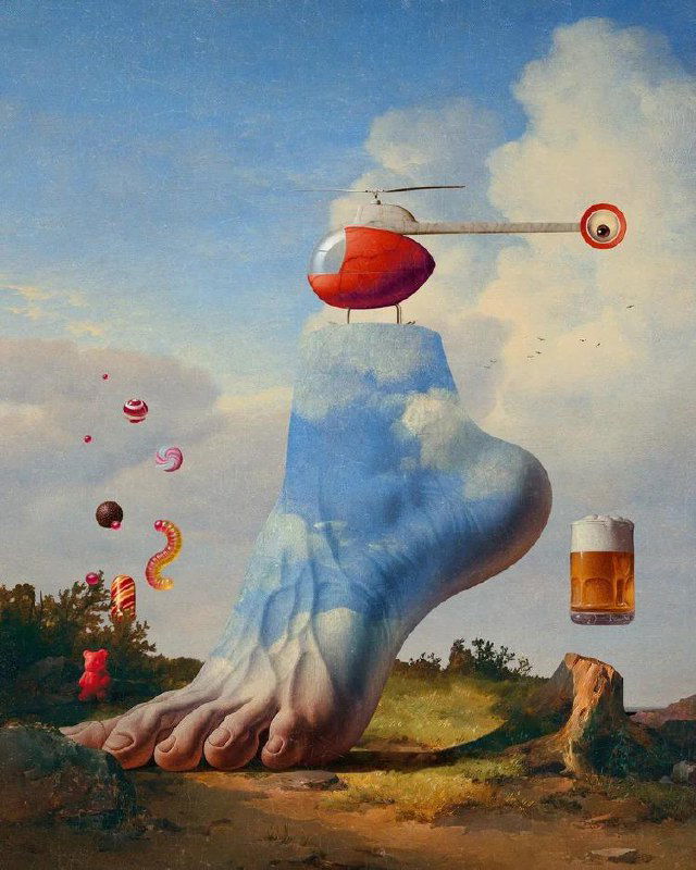 Гигантская нога с небесной текстурой, на вершине вертолёт, рядом плавающий бокал пива и сладости — сюрреалистический пейзаж-коллаж.
