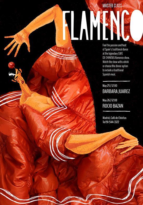 Плакат «Flamenco»: энергичная фигура танцовщицы в рыжих и тёплых тонах, драматичная поза и текстовые блоки афишного формата.