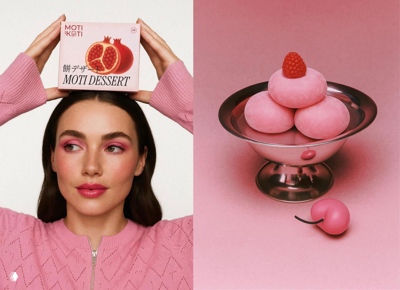 Женщина держит розовую коробку MOTI KOTI над головой; рядом пирамидка розовых моти и пастельный стилизованный натюрморт с акцентом на цветовую гармонию
