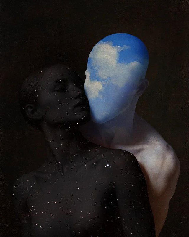 Дуэт фигур: одна тёмная, другая с лицом-облаком; звёздная пыль и драматическое освещение создают романтическую и мистическую атмосферу.