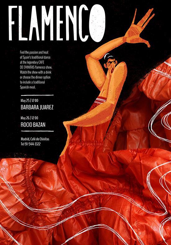 Ещё одна версия плаката «Flamenco» с акцентом на движение ткани и композицию, тёплая палитра и графическая типография афиши.