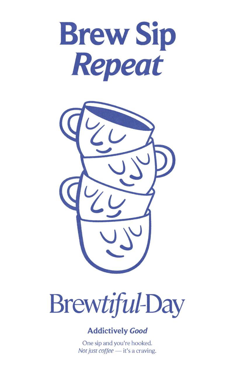 Постер «Brew Sip Repeat» со стопкой кружек с улыбающимися лицами — применение дружелюбных маскотов в графике промо-материалов.