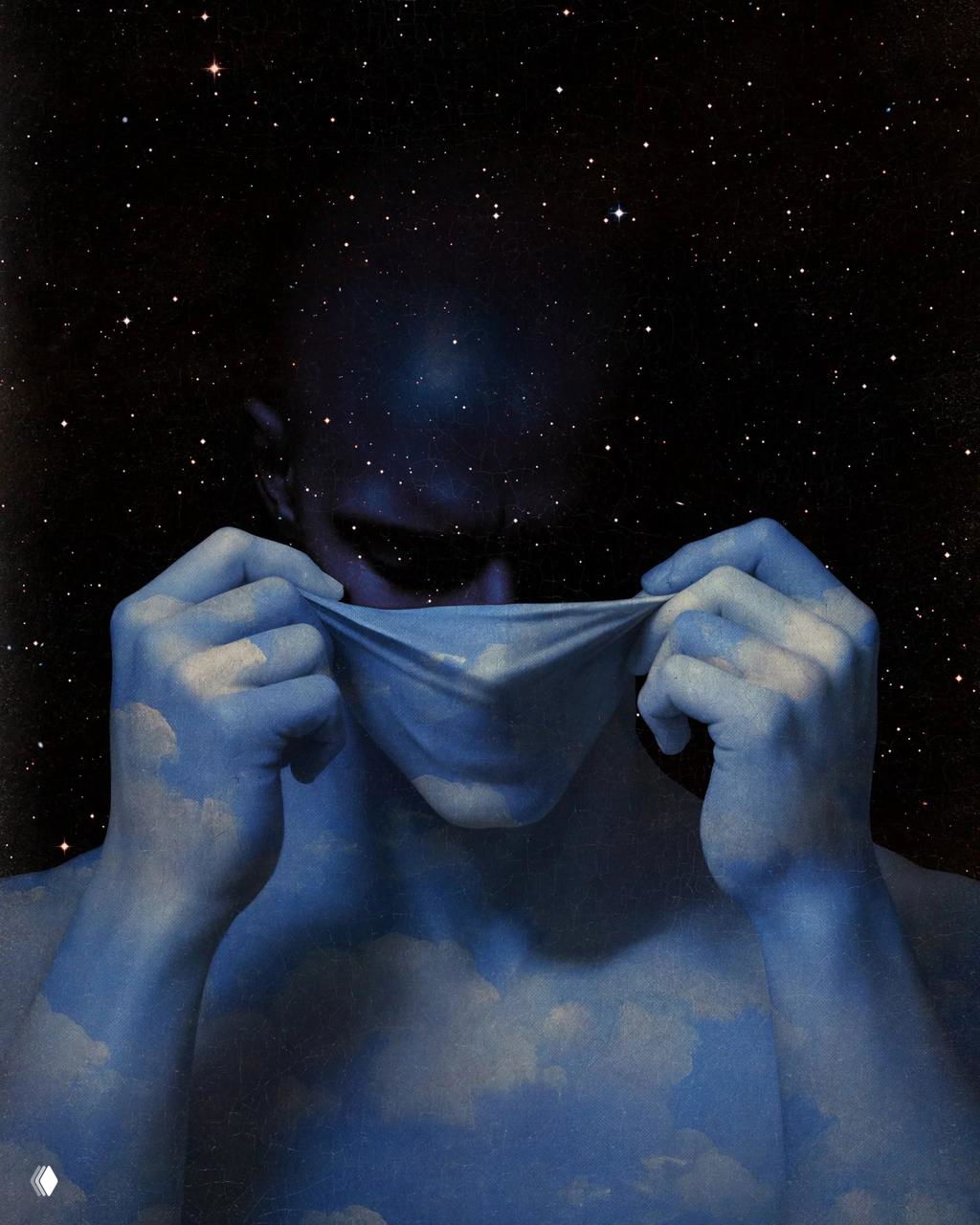 Фигура снимает воображаемую маску на фоне звёздного неба; облачные узоры и космическая текстура переплетены на теле персонажа.