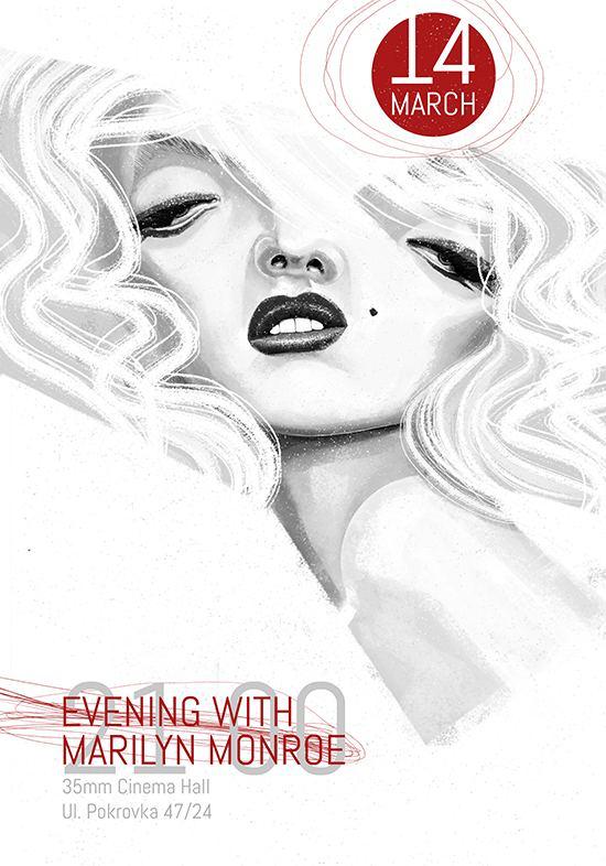 Чёрно‑белый иллюстративный постер с портретом в стиле ретро — условный образ Мэрилин, тонкая штриховая отрисовка и минималистичная верстка.