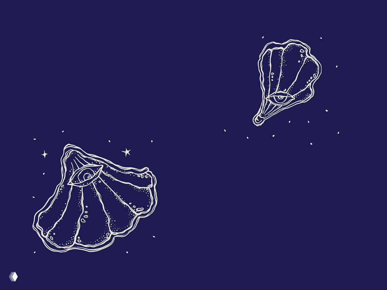 Иллюстрация белых раковин с глазом на насыщенном синем фоне — декоративный узор фирменной графики для Selene, плоское изображение для печати и мерча.