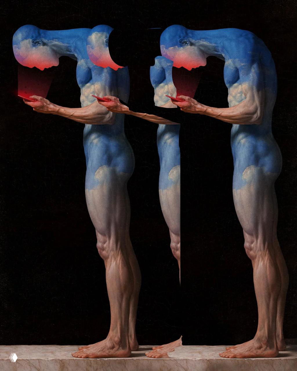 Три повторённые стоящие фигуры с фрагментированными головами и красным свечением смартфона — сочетание анатомического реализма и цифровой критики.