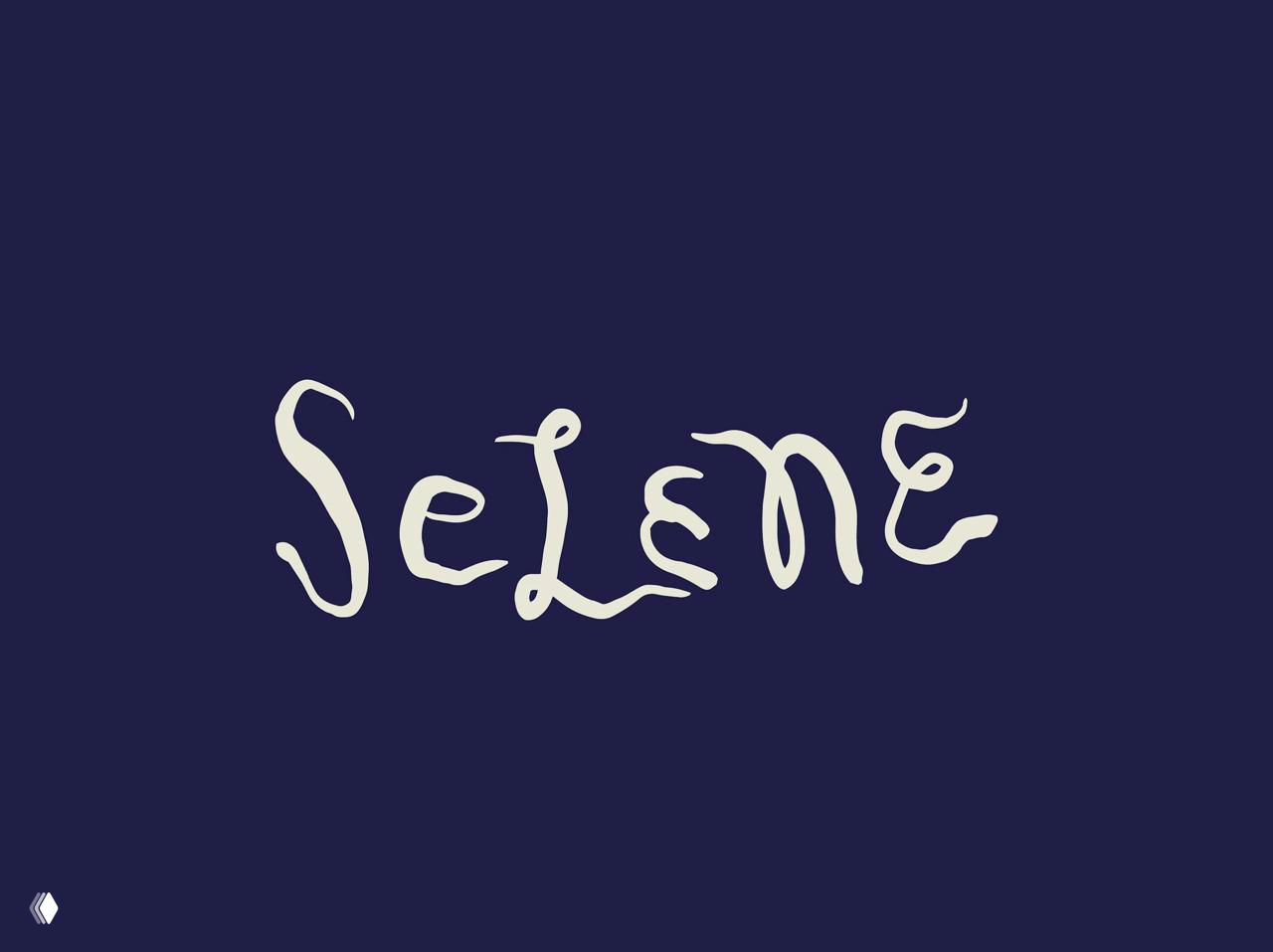 Рукописный логотип Selene белой краской на глубоком синем фоне; волнистая линия букв в студийной фотосъёмке демонстрирует характерный шрифт бренда.