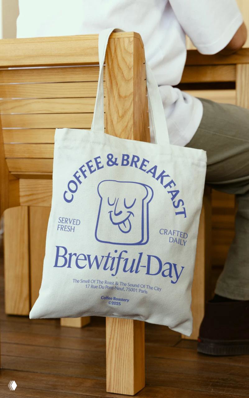 Текстильная сумка Tote с принтом Brewtiful-Day: крупная графика маскота и логотипа как пример применения айдентики на аксессуарах.