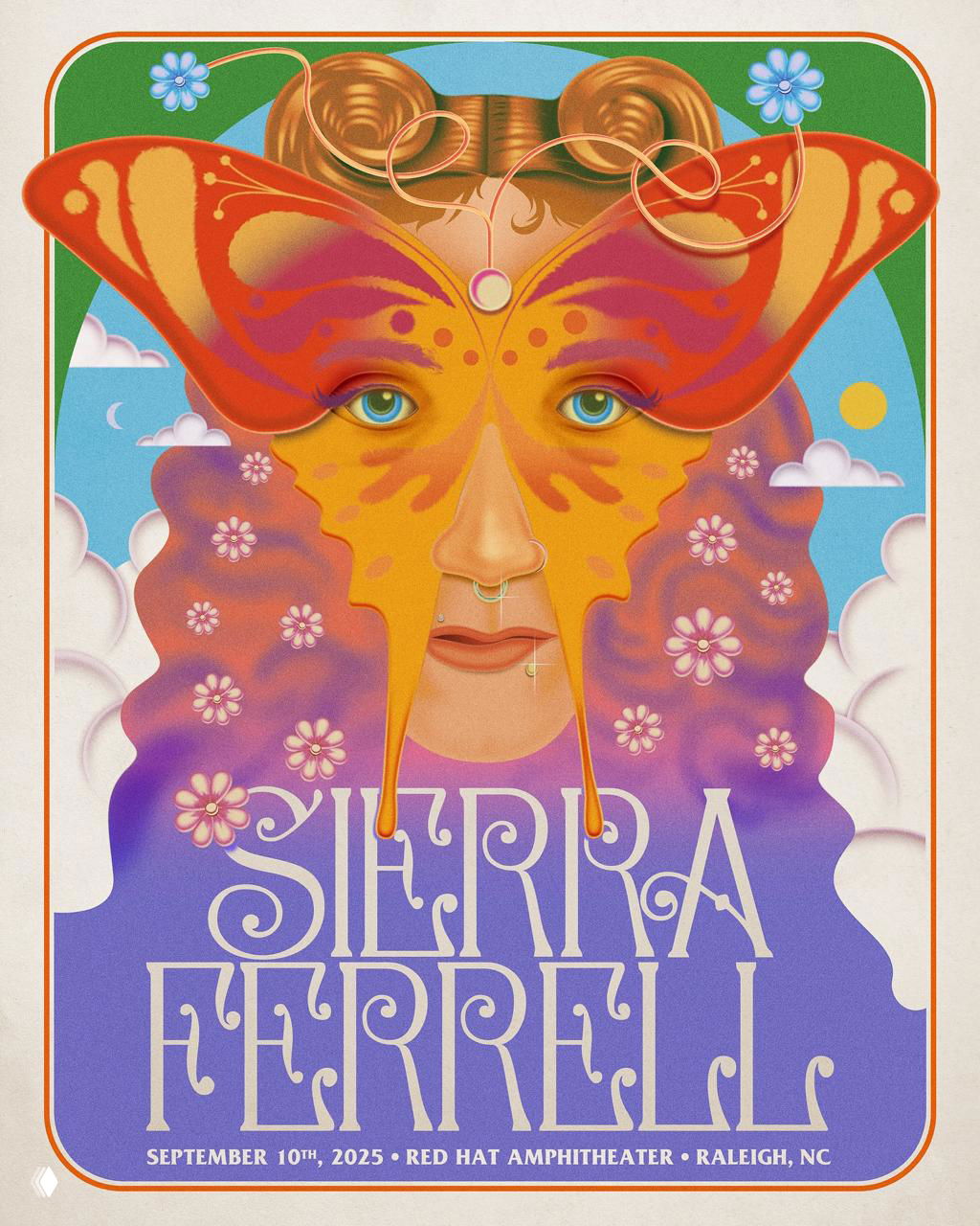 Яркий иллюстративный постер с лицом, украшенным бабочковой маской, насыщенные тёплые оттенки и декоративная типографика в стиле 70-х