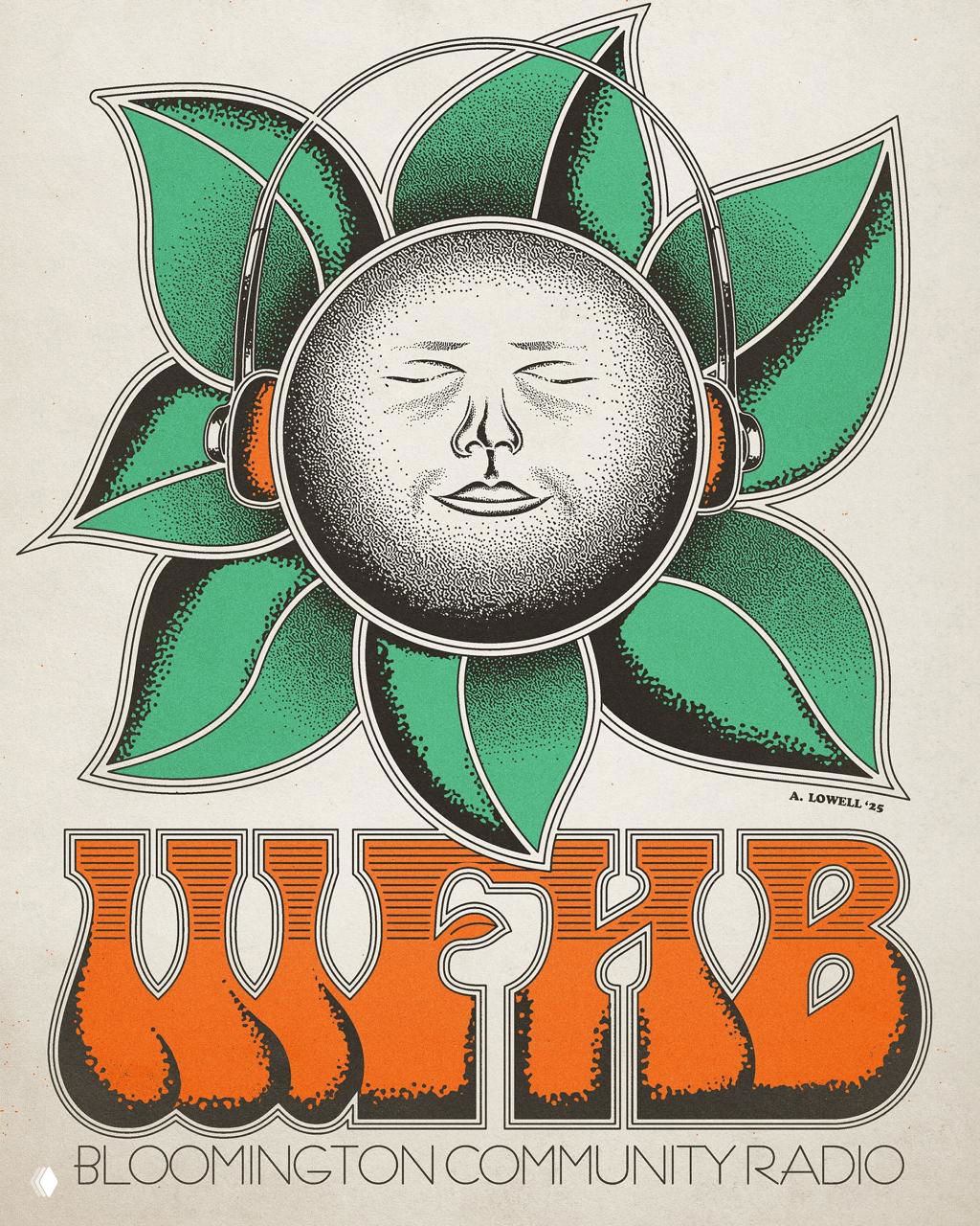 Минималистичный графический постер с центральным круговым мотивом в виде лица и лепестков, ограниченная палитра и точечная штриховка в ретро-стиле