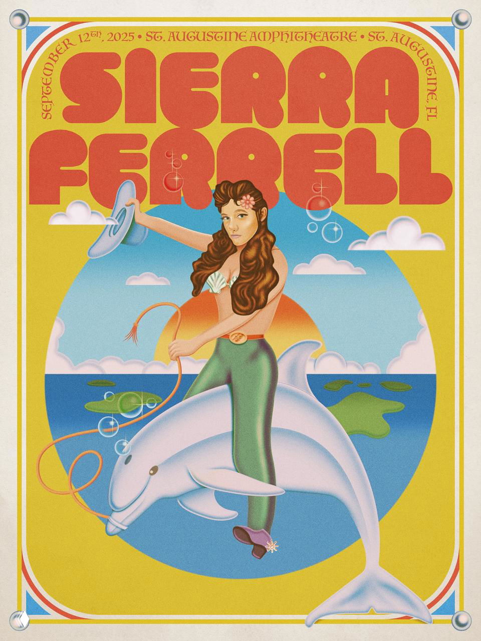 Постер с крупной облачной иллюстрацией и насыщенной округлой типографикой «SIERRA FERRELL», мягкие пастельные тона и винтажный колорит