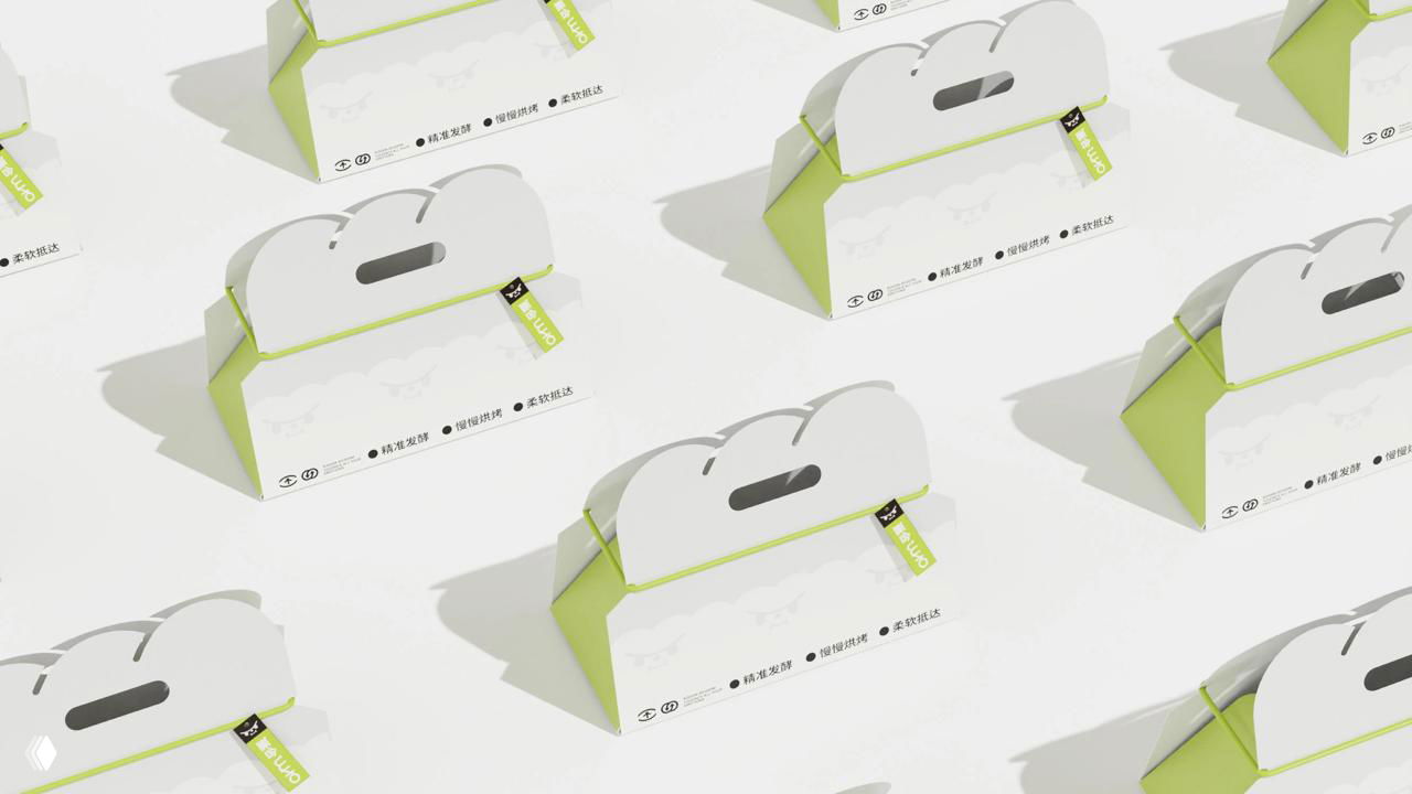 Повторяющийся паттерн маленьких бело‑салатовых коробочек для выпечки с вырезами и ручками в светлом студийном сетапе.