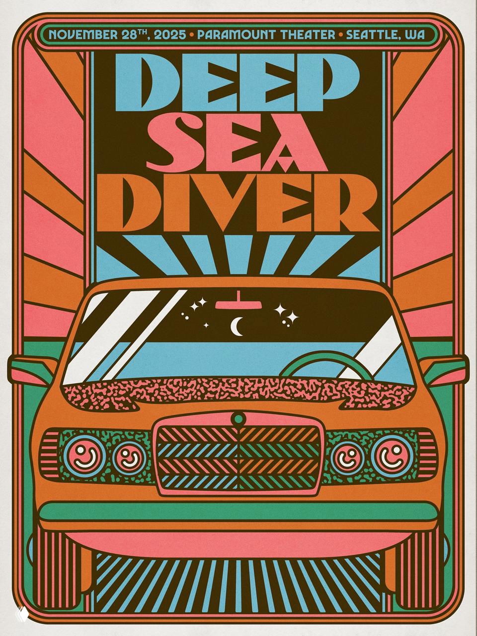 Плакат в стиле винтажной научной фантастики с изображением тарелки НЛО, геометрической дорогой и насыщенной ретро-палитрой розового, бирюзового и жёлтого