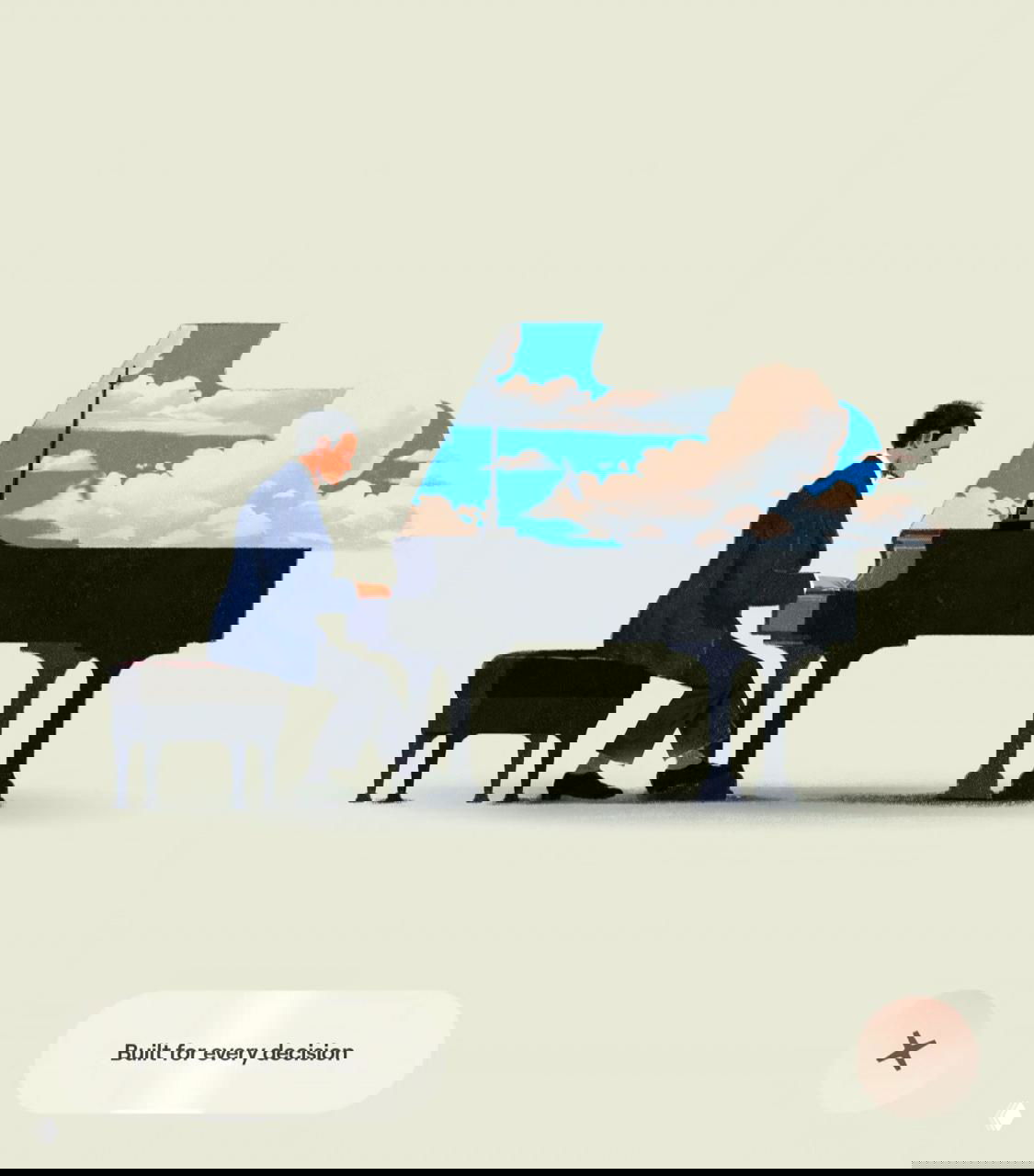 Иллюстрация пианиста за роялем, чья верхняя часть заполнена небом и облаками — сюрреалистичный визуальный образ, подчёркивающий идею ясности мышления.