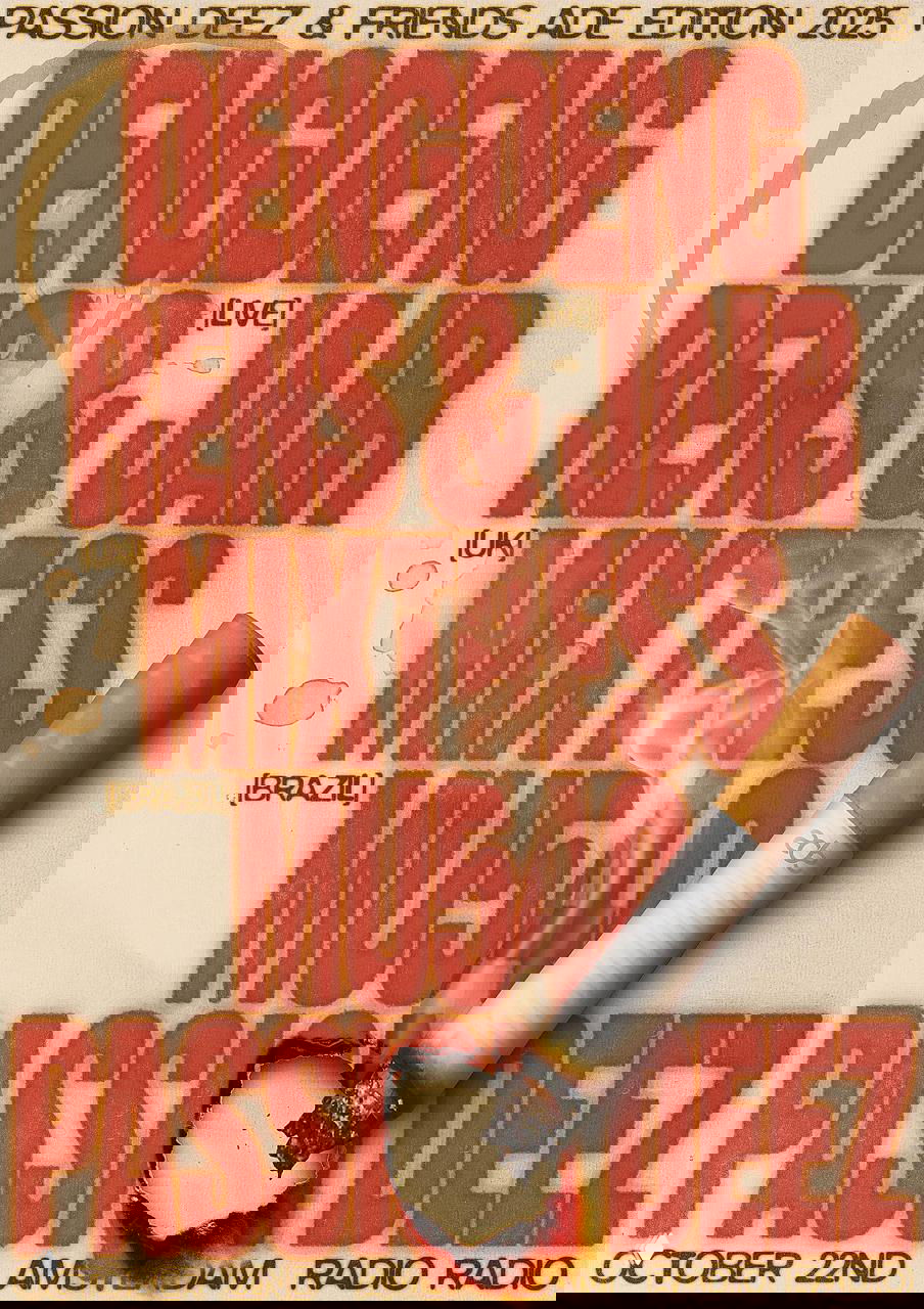 Постер с крупным плотным набором типографики на фоне состаренной бумаги; на переднем плане горящая сигарета как графический элемент и тёплая палитра.