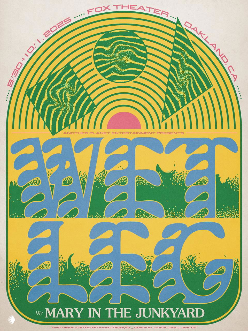 Плакат с арочной композицией и абстрактной иллюстрацией моста в психоделической цветовой гамме, декоративная слоистая типографика и геометрия