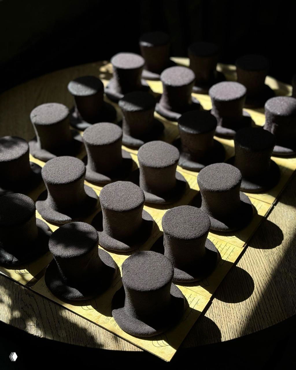 Ряд тёмных цилиндрических пирожных с матовой текстурой, выстроенных на деревянных подложках при контрастном боковом освещении.