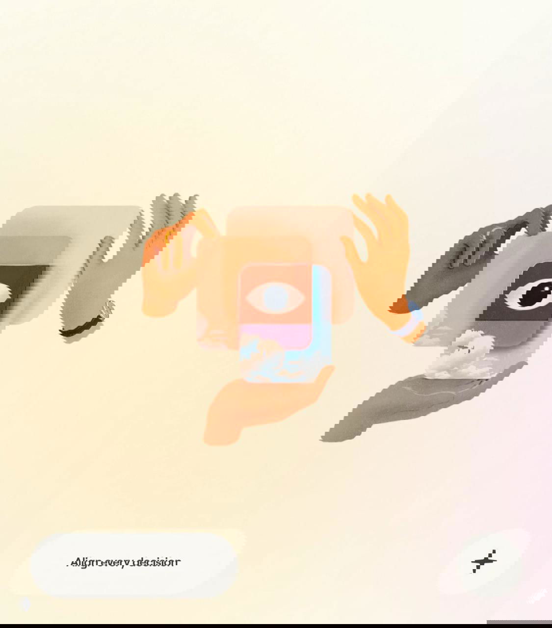 Коллаж рук, держащих кубы с глазом и небесными мотивами — художественная визуализация процесса наблюдения, выбора и коллективного управления решениями.