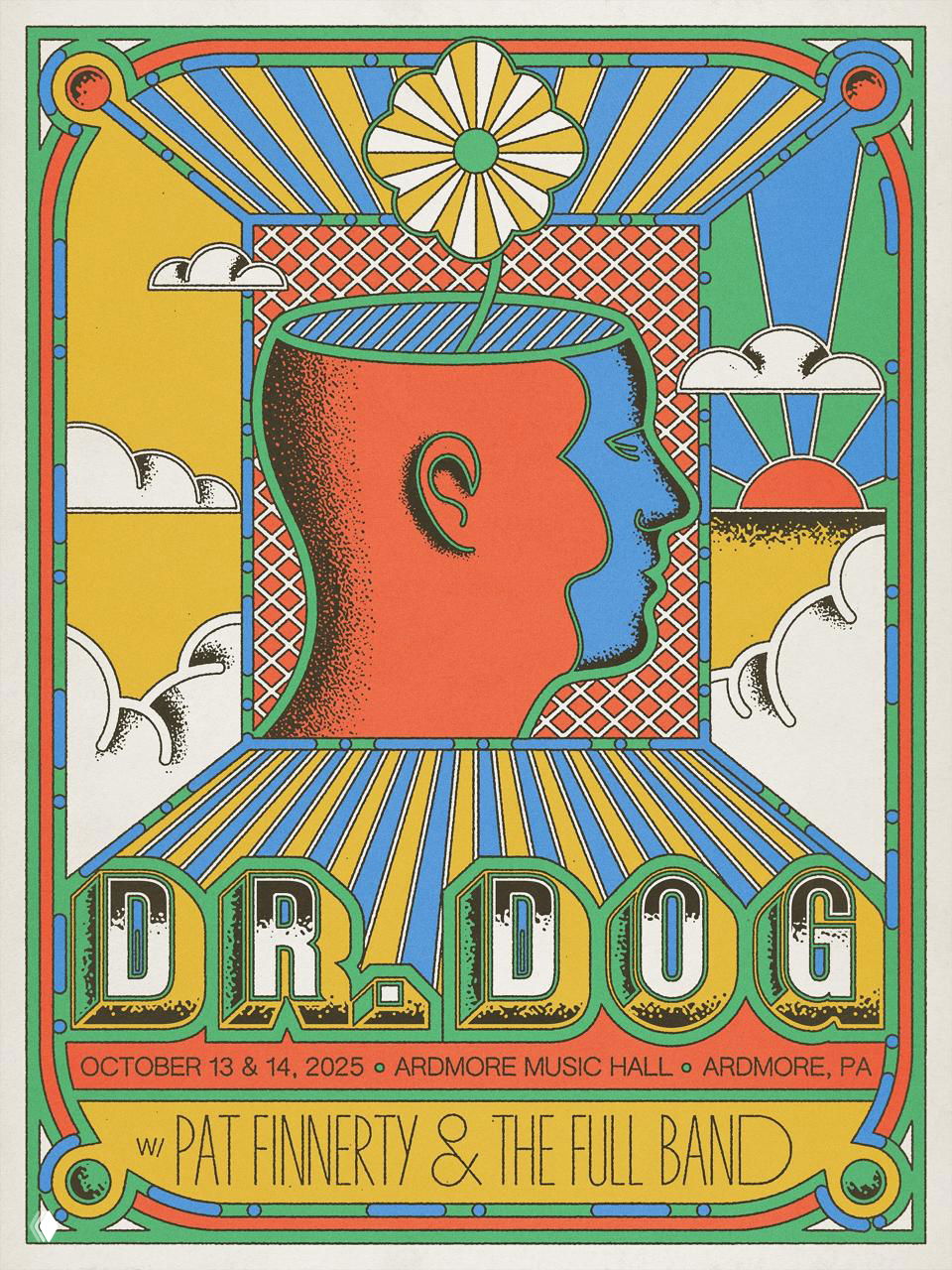 Иллюстрированный постер с профилем головы, открытой сверху с цветком, декоративная сетка и тёплая ретро-палитра, текстурированная печать и тонкая пунктировка