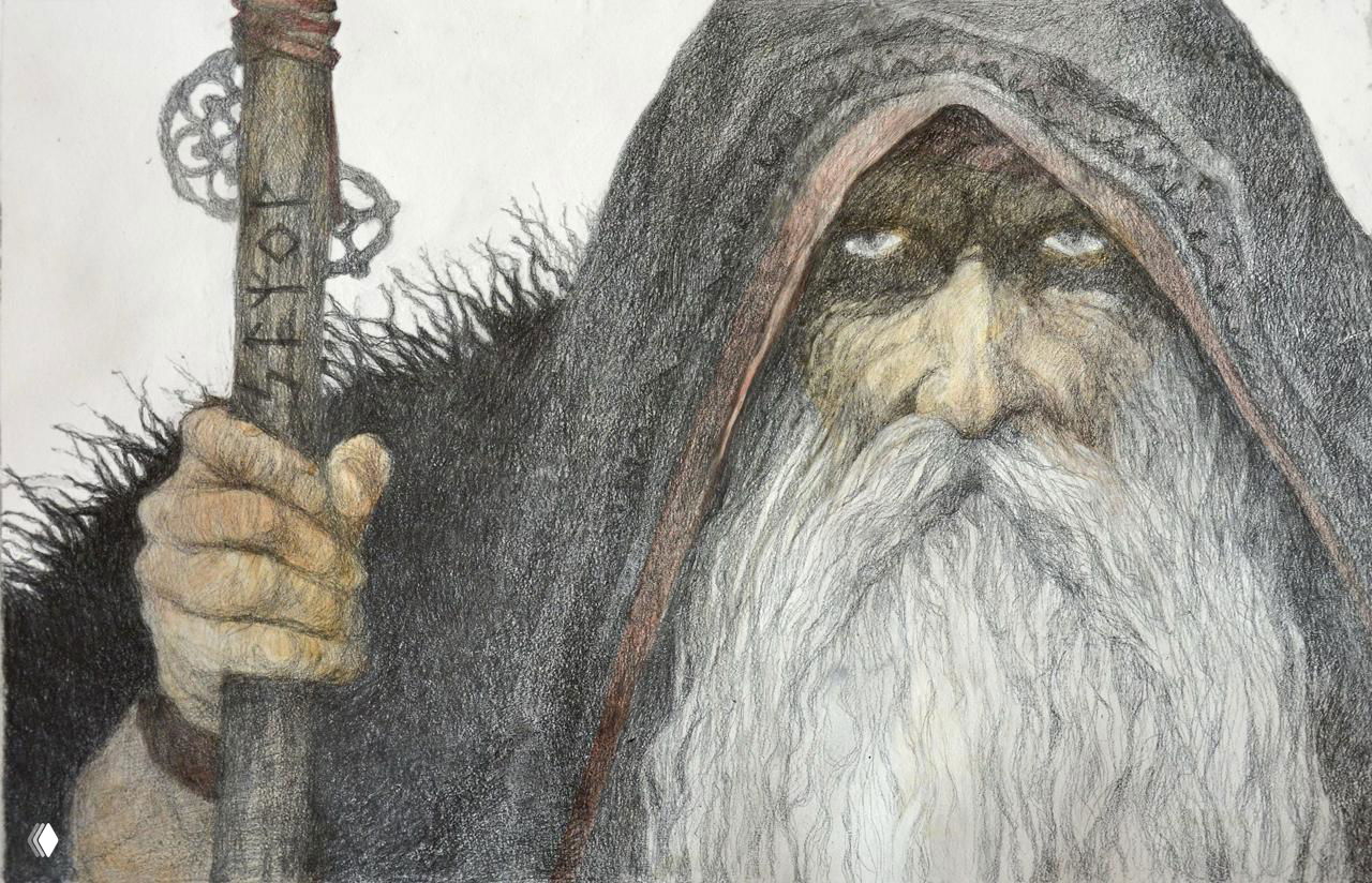 Портретная графика: старец в капюшоне с длинной бородой, детализированная штриховка и тёмная приглушённая палитра, выраженный характер лица.