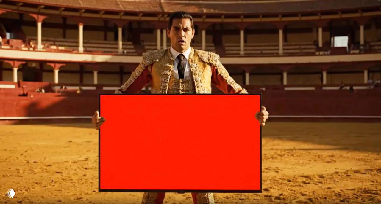 Кинематографический кадр в арене: матадор держит ярко-красное табло на фоне зрительских сидений, насыщенные цвета и драматичная постановка как пример рекламного промта.