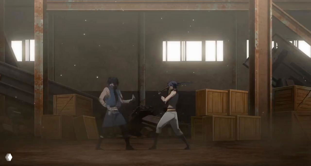 Динамичная аниме-сцена: два противника с оружием сражаются в складском помещении, пыль в воздухе и кинематографичная композиция — пример промта для боевика в аниме-стиле.