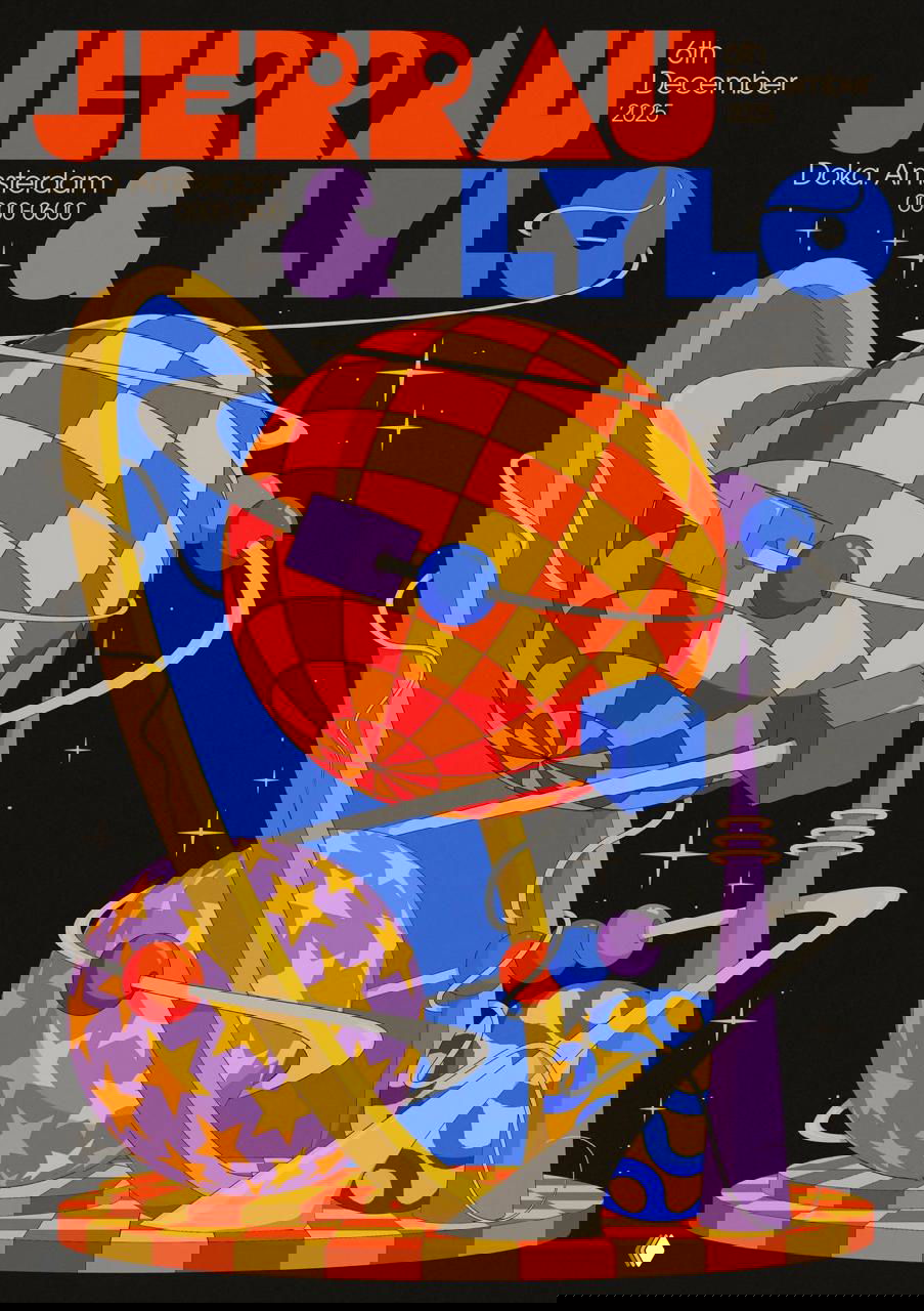 Графичный постер в тёмной гамме с геометрическими планетарными формами, насыщенные цвета и чёткий контурный стиль иллюстрации.