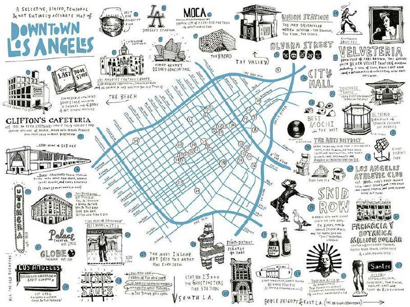 Карта центра Лос-Анджелеса в рисованном стиле: схема улиц, пометки достопримечательностей и мини‑иллюстрации в акварели и туши от автора.