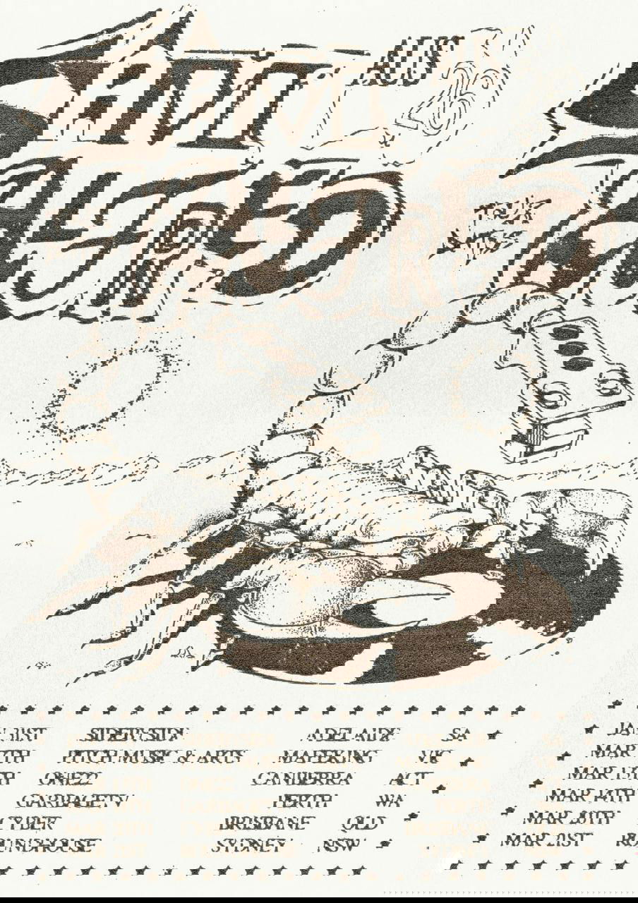 Чёрно‑белый скорописный постер в скейт‑панк эстетике: зернистая печать, агрессивный леттеринг и крупный иллюстративный скорпион‑мотив.