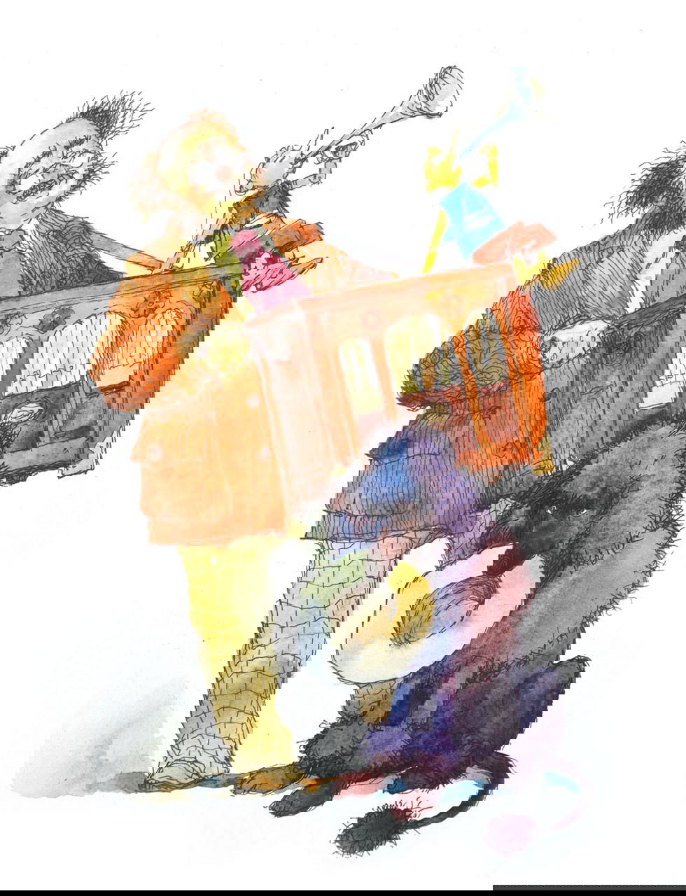 Акварельная сцена: музыкант с коробкой-органом и фиолетовая собака рядом, лёгкая цветовая гамма и игривая композиция персонажей.