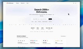 Скриншот сайта All SVG Icons: интерфейс поиска иконок, строка поиска, подпись «Search 286k+ SVG icons» и превью категорий.