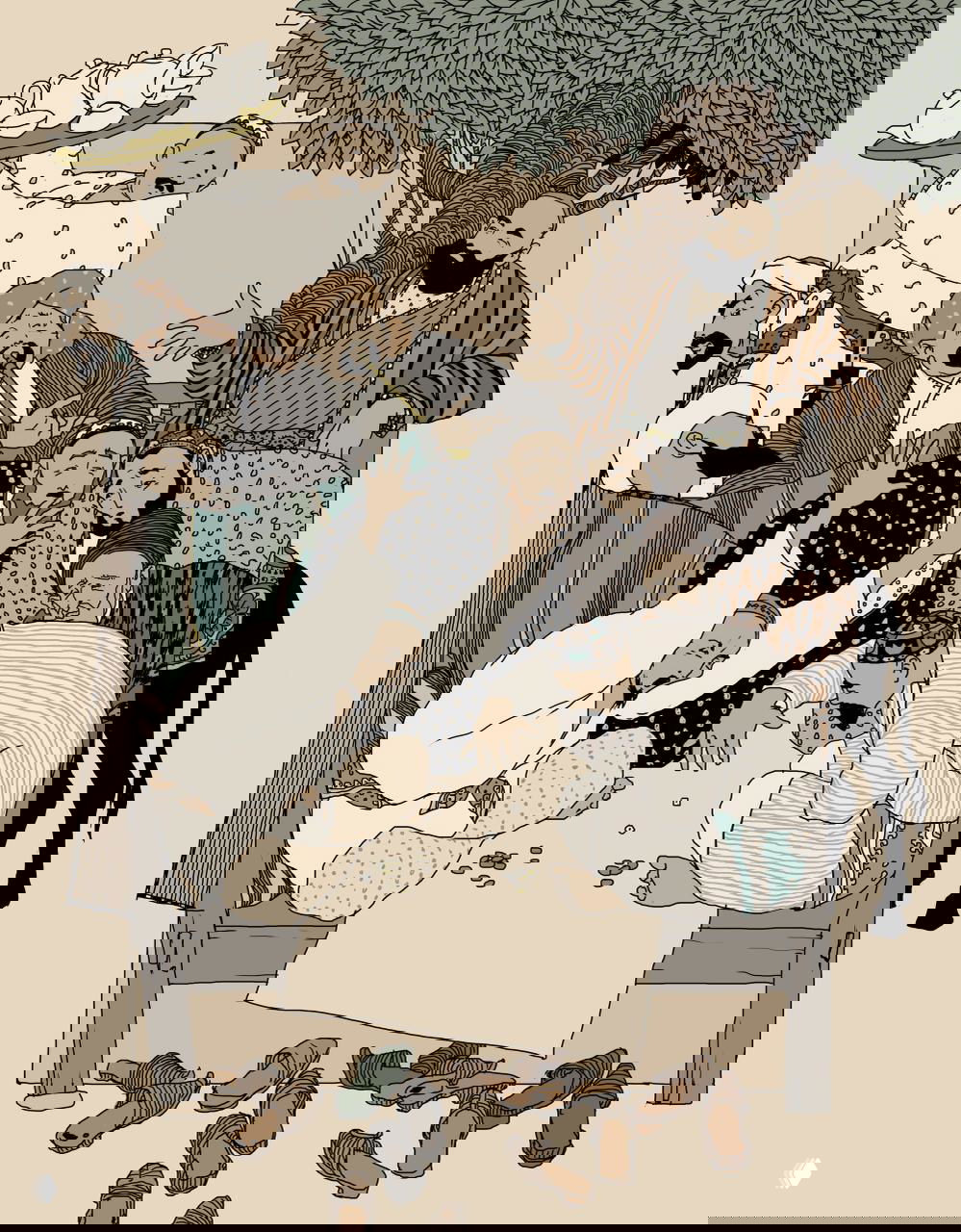 Сюжетная иллюстрация: группа мужчин за столом в восточных костюмах, плотная орнаментальная штриховка и тёплая ограниченная цветовая гамма.