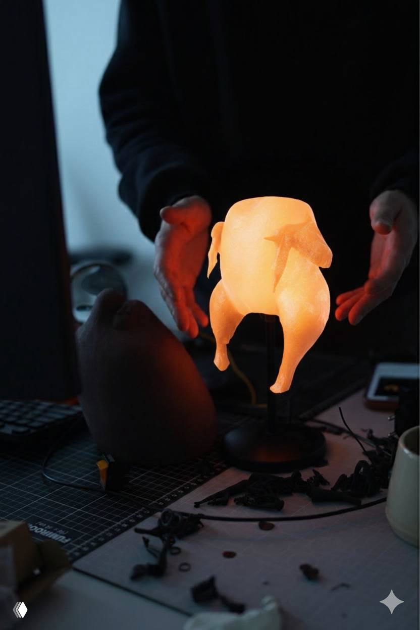 Необычная лампа в форме тушки птицы на подставке, подсвеченная изнутри, дизайнер держит её над рабочим столом в процессе сборки