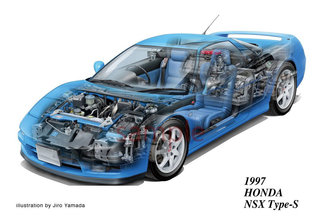Прозрачная интерьерно-техническая иллюстрация Honda NSX Type-S 1997 от Дзиро Ямада: двигатель, трансмиссия и салон видны сквозь кузов — детализированная техника и чертежная аккуратность.