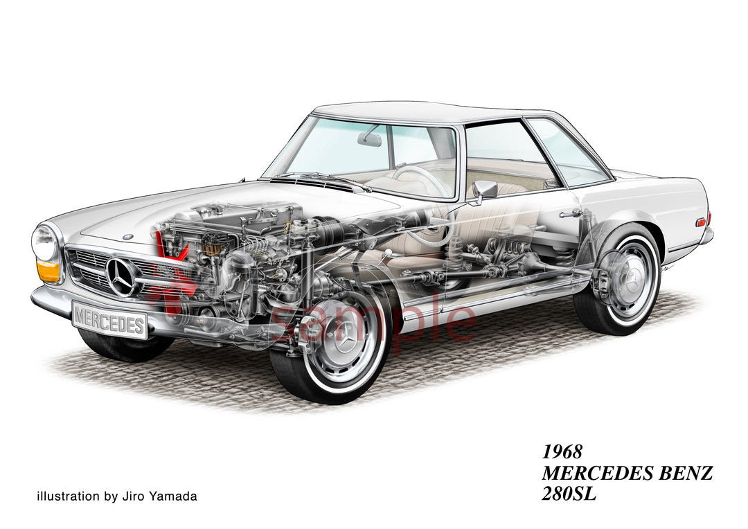 Прозрачная техническая иллюстрация Mercedes-Benz 280SL 1968: моторный отсек, ходовая часть и интерьер через растворённый кузов — детализированная техника и чертежная аккуратность.