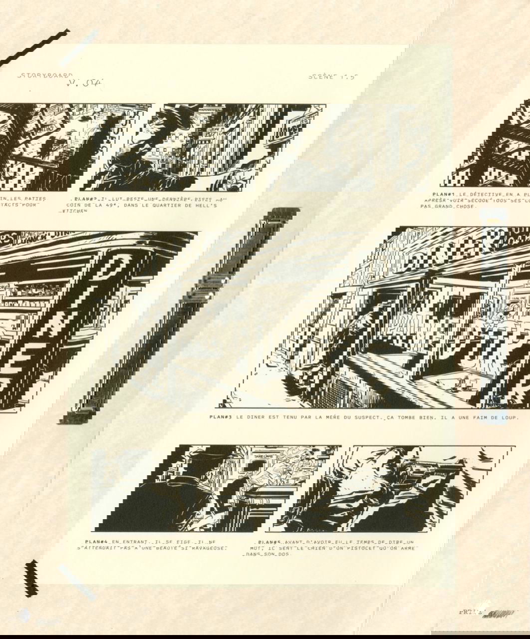 Раскадровки в чёрно-белом стиле, аккуратно размещённые на листе и скреплённые клипсой: визуальные панели используются как иллюстрации для разделов меню и брендовых материалов.