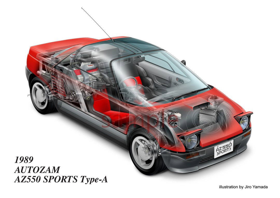 Иллюстрация Autozam AZ550 Sports Type-A 1989 в разрезе: механика, сиденья и рама показаны на прозрачном кузове — детализированная техника и чертежная аккуратность.