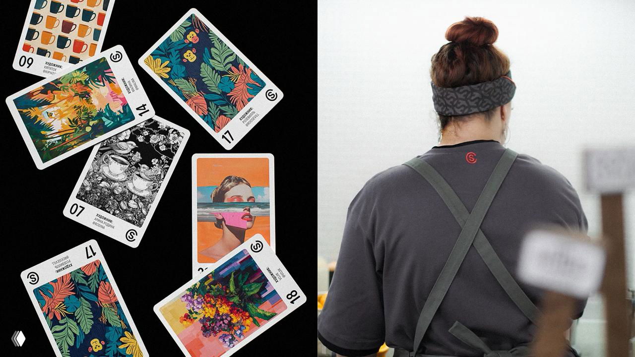 Макеты этикеток, пакетиков и ценников в чёрно‑белом стиле с чёткой типографикой SKURATOV на чёрном фоне, примеры графических модулей.