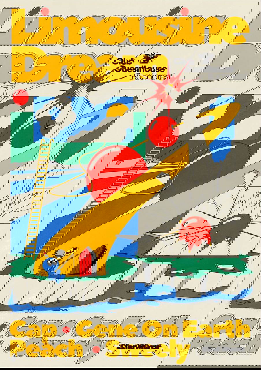 Колоритный постер с яркими блоками цвета, сюрреалистическими элементами и ретро‑леттерингом внизу — стильные графические формы и контрастные акценты.