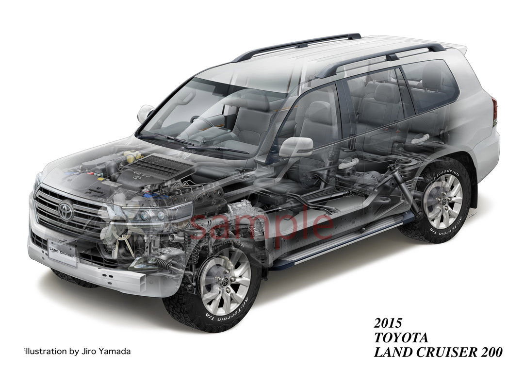 Иллюстрация Toyota Land Cruiser 200 2015 от Дзиро Ямада: детальный «разрез» внедорожника с видимыми агрегатами, шасси и интерьером — детализированная техника и чертежная аккуратность.