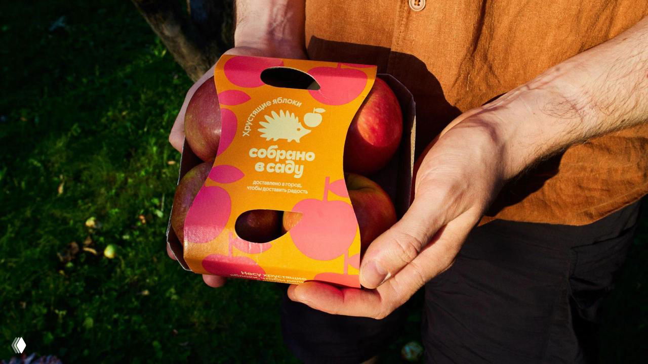 Руки человека держат оранжевую упаковку с крупным яблоком и ёжиком-маскотом на лицевой стороне, подчёркнута удобная ручка для переноски.