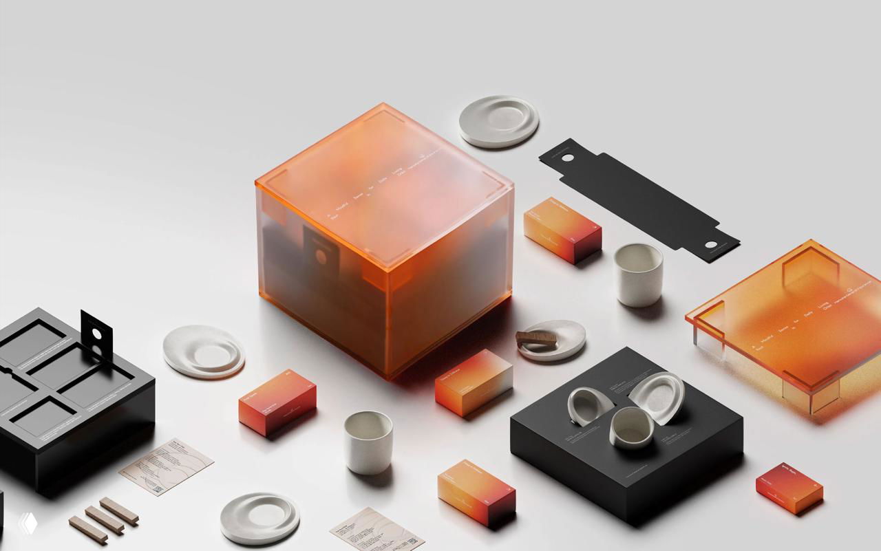 Разложенные элементы набора на белом фоне: коробочки, чашки, подставки и палочки для благовоний — аккуратное эстетическое фото упаковки.