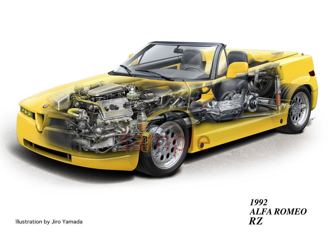 Иллюстрация Alfa Romeo RZ 1992: прозрачный разрез показывает двигатель, трансмиссию и подвеску в иллюстративном стиле Дзиро Ямады — детализированная техника и чертежная аккуратность.