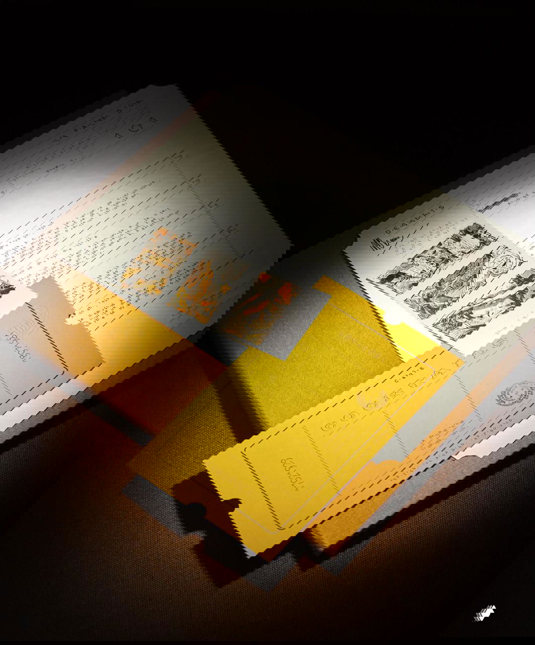 Разложенные на столе распечатанные сценарные листы, жёлтые карточки-«билеты» и коробка: композиция подчёркивает идею меню как киносценария на тёплом тканевом фоне с сильными тенями.