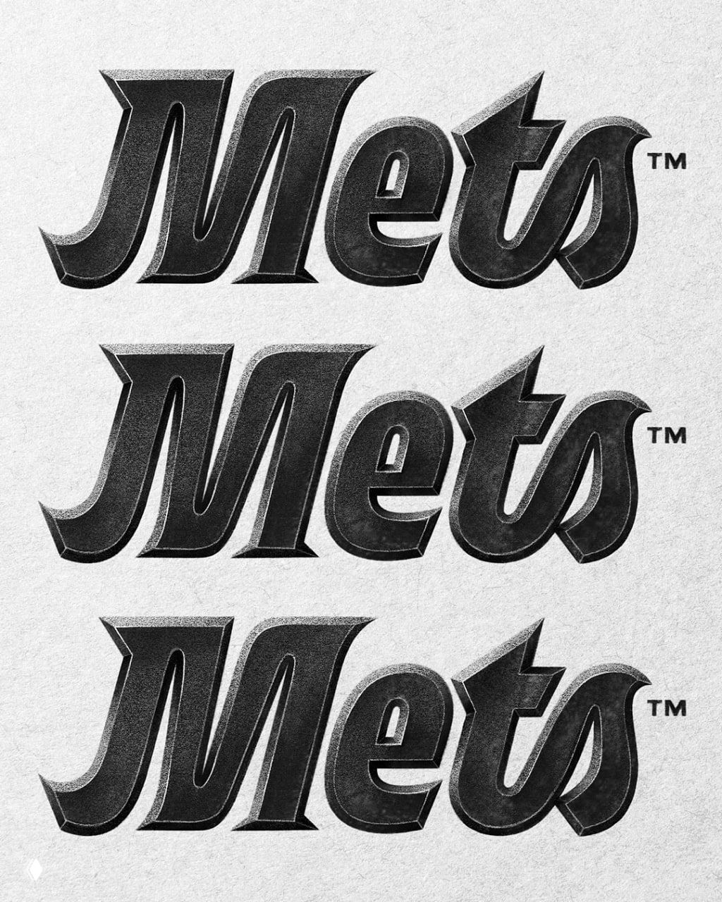 Репетативный чёрно‑белый логотип «Mets» в трёх повторениях: объёмная штриховка и ретро‑стилистика леттеринга от Дэвида Сото.