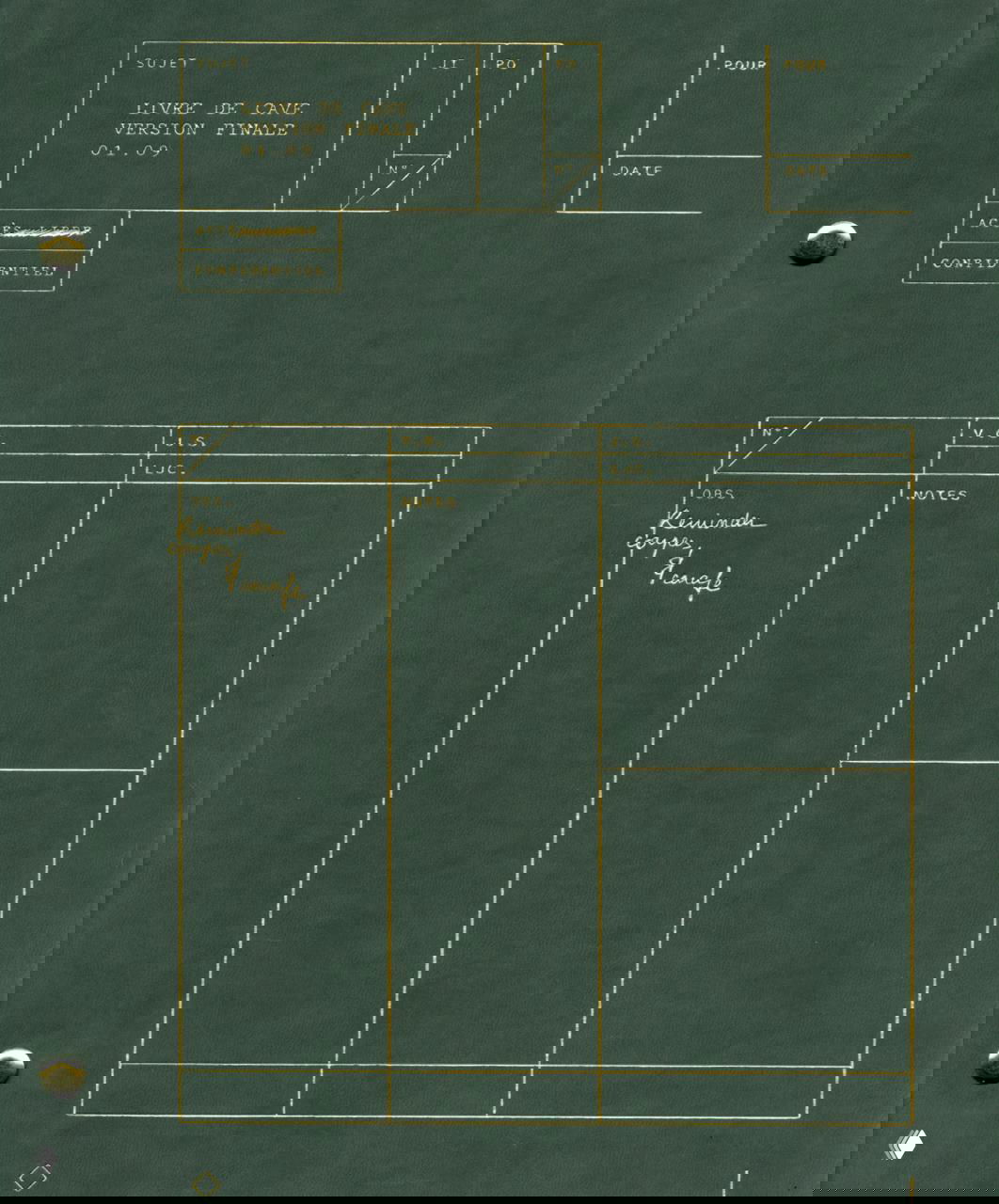Тёмно-зелёная обложка с золотой линейной графикой и индексными полями: оформление папки-архива в фирменной палитре ресторана, деликатное тиснение и вкладные вкладки.