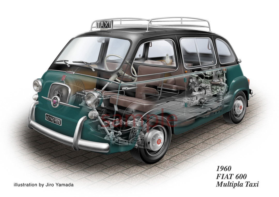 Иллюстрация Fiat 600 Multipla Taxi 1960: ретро-минивэн в прозрачном разрезе, видны моторный отсек и конструкции салона — детализированная техника и чертежная аккуратность.