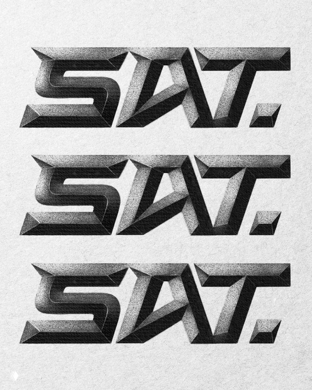 Графичный леттеринг «S A T.» с геометрическими объёмными формами и точечной штриховкой, чёткие грани создают 3D‑эффект.