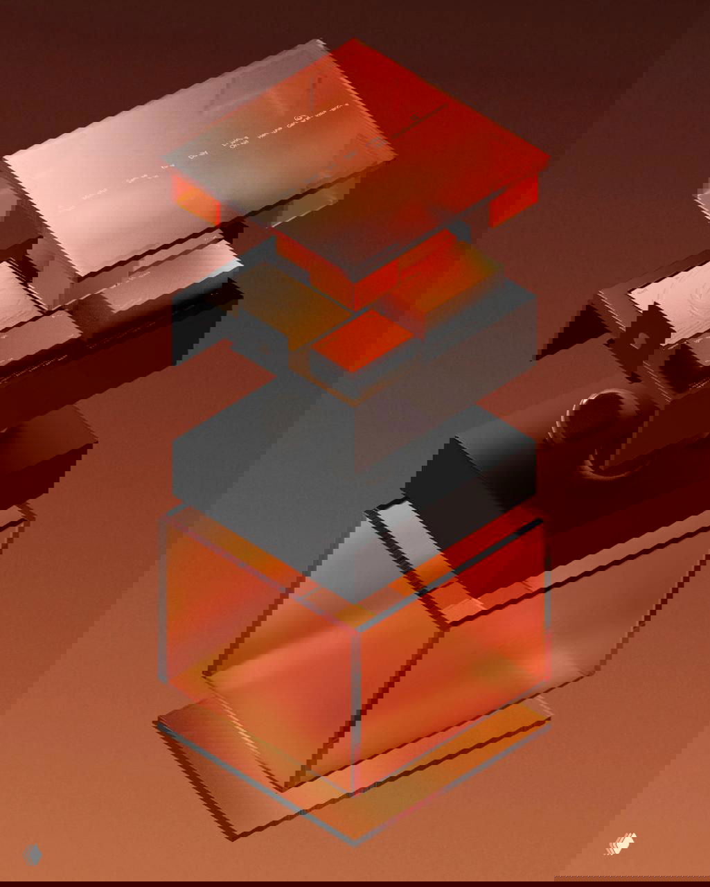 Плоскостная композиция четырёх градиентных коробочек с минимальной типографикой; кадр подчёркивает переход цвета от янтарного к оранжевому.