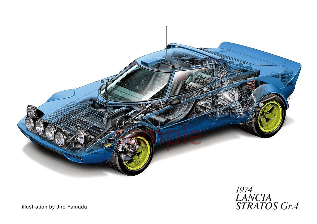 Иллюстрация Lancia Stratos Gr.4 1974: разрезной вид гоночного автомобиля с видимыми агрегатами, рулевым управлением и каркасом — детализированная техника и чертежная аккуратность.
